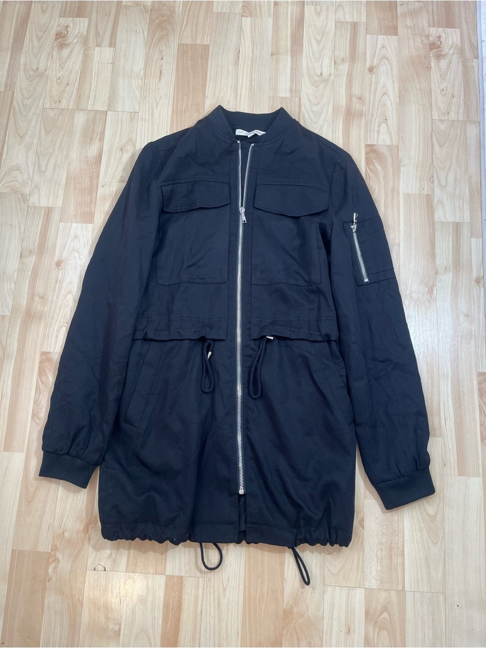 Zara TRF black outerwear jacket features a longline bomber silhouette XS